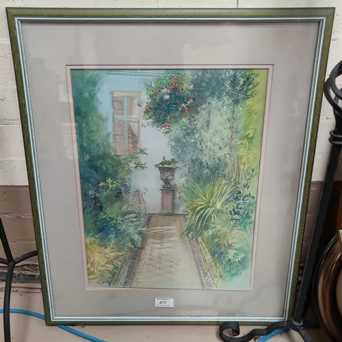 477 - S Mitchell:  The Orangery, Lyme Hall, watercolour, signed, framed and glazed; 2 wrought iron standar... 
