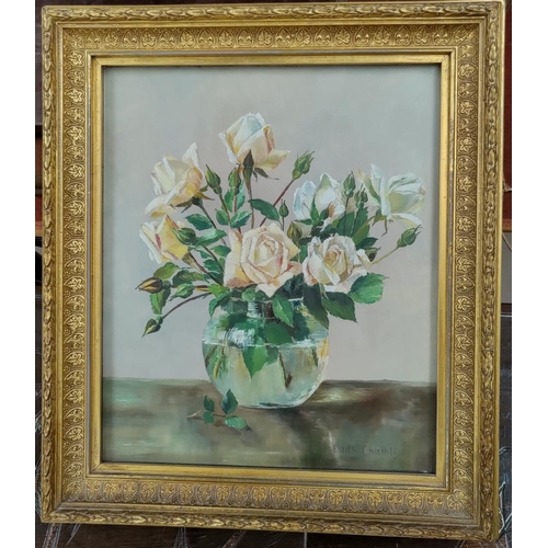 477A - Edith Charnley still life of roses, oil on board framed and glazed
