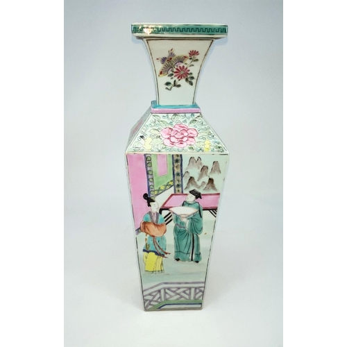 117 - A Chinese square vase decorated in polychrome with panels of figures in traditional scenes, height 2... 