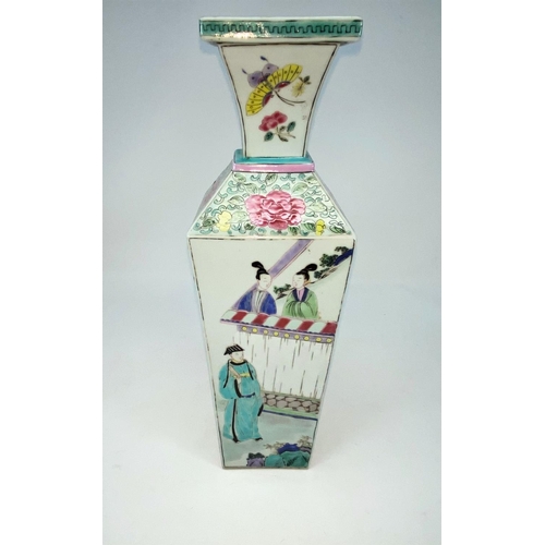 117 - A Chinese square vase decorated in polychrome with panels of figures in traditional scenes, height 2... 