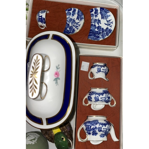 167 - A Minton china clock; 2 Spode 3 piece miniature tea sets; decorative miniature china; Royal commemor... 
