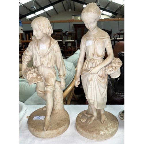 171 - A 19th century pair of Copeland Parian figures of a boy and girl carrying baskets of fruit, flowers ... 