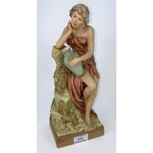 173 - A Royal Dux figure of a female water carrier leaning on a rock, raised triangle mark, height 32; a s... 
