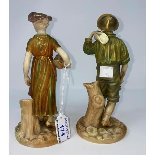 174 - A Royal Worcester pair of figures in muted green and brown, man with an axe and woman with a bucket,... 