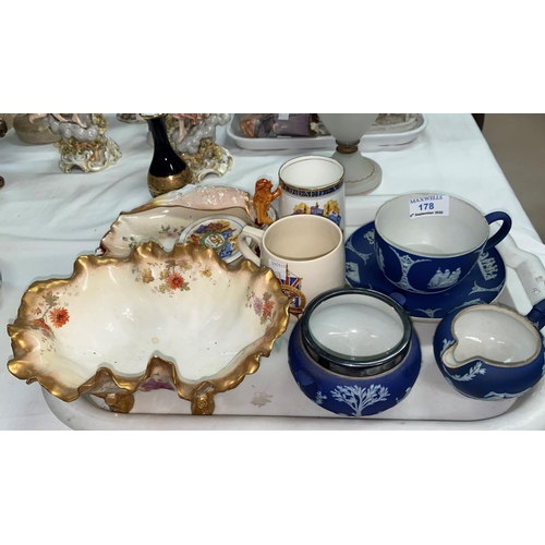 178 - A Wedgwood blue Jasperware milk and sugar; similar cup and saucer; 2 coronation mugs; decorative chi... 