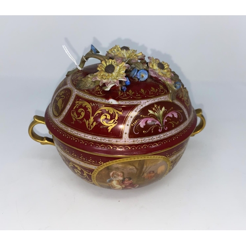 179 - A Vienna porcelain covered bowl with reserve polychrome vignettes depicting bower scenes:  Jupiter &... 