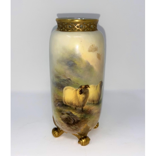 182 - A Royal Worcester cylindrical vase with pierced gilded rim and 4 scroll feet, hand painted with shee... 