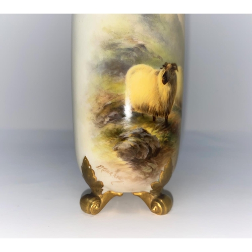182 - A Royal Worcester cylindrical vase with pierced gilded rim and 4 scroll feet, hand painted with shee... 
