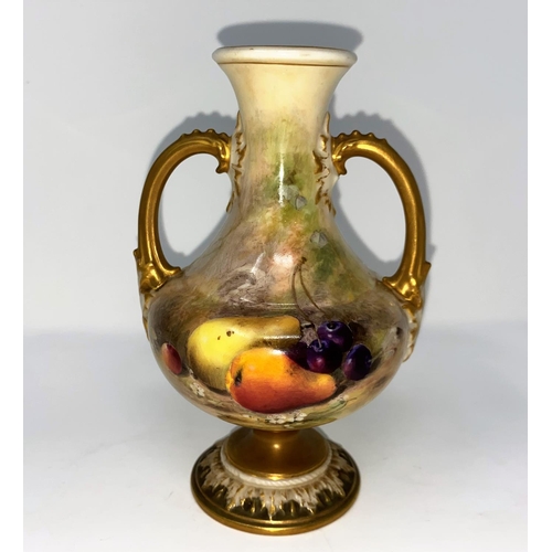 183 - A Royal Worcester baluster pedestal vase with 2 handles, hand painted with fruit, signed Ricketts, h... 