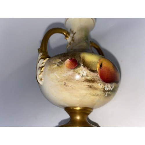 183 - A Royal Worcester baluster pedestal vase with 2 handles, hand painted with fruit, signed Ricketts, h... 