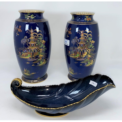 191 - A 1930's pair of Carltonware vases of ovoid form decorated with chinoiserie scenes, height 27 cm; a ... 