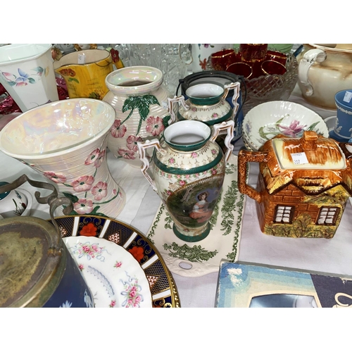 207 - Two Maling lustre vases; 2 Jasperware biscuit barrels; cottage ware; a Royal Crown Derby Japan dinne... 