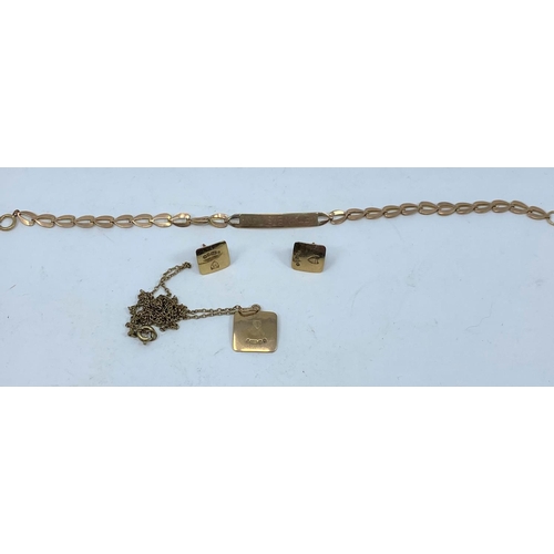 272 - A 9 carat identity bracelet; a 9 carat hallmarked gold pendant and earrings with shield motifs set 5... 