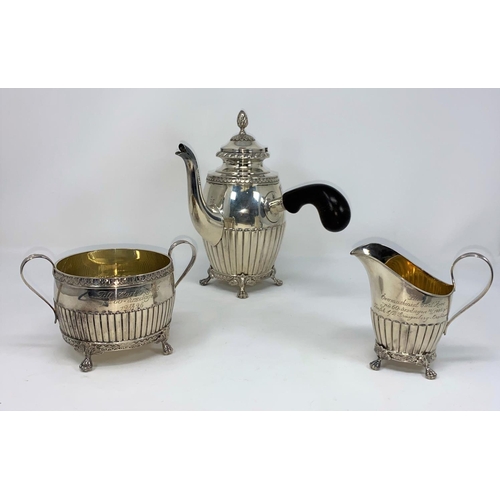 283 - A Georgian style 3 piece Swedish chocolate set with reeded lower bodies and paw feet with presentati... 