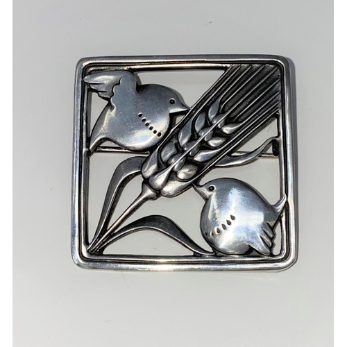 287 - A Georg Jensen Danish silver square brooch with 2 small birds and a stalk of barley between, stamped... 