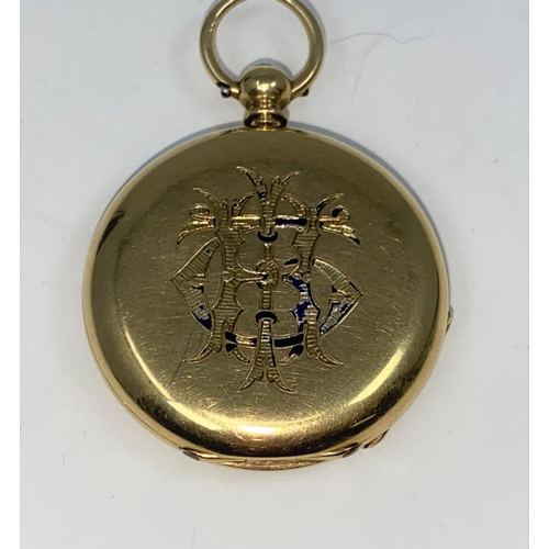 313E - A yellow metal open faced lady's fob watch, monogrammed to reverse, tests as 18 carat +