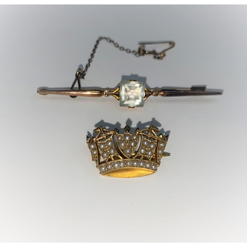 336 - A gem set bar brooch, stamped '9ct'; a seed pearl set crown brooch, 6.6 gm gross