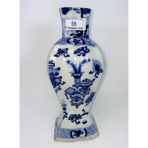 55 - A 19th century Chinese blue and white vase, decorated with vases, etc, height 28cm (vase cut down an... 