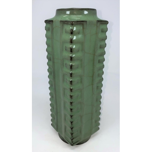 60 - A 19th century square ribbed vase in the Sung manner, celadon glaze, height 26cm