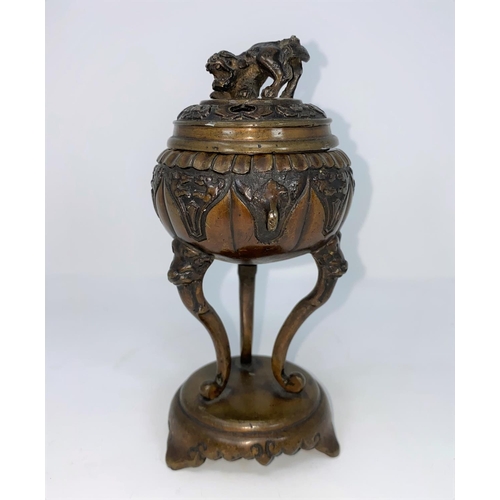 62 - A Chinese bronze covered censer with Dog of Fo finial, 3 tall cabriole legs, on circular base, heigh... 