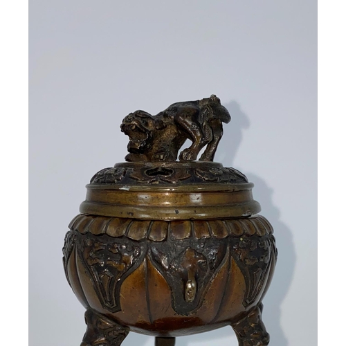 62 - A Chinese bronze covered censer with Dog of Fo finial, 3 tall cabriole legs, on circular base, heigh... 