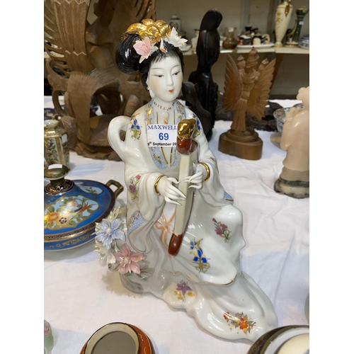 69 - Two modern Japanese ceramic figures:  Geisha with harp & Geisha with fan, 32 & 22 cm; 3 Japanese par... 