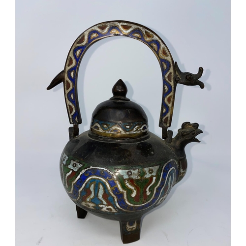 98 - A Chinese bronze and cloisonne tea pot with chicken head spout