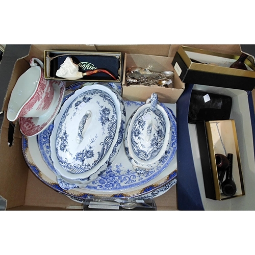 21A - Two blue and white tureens, meat plates; a Meerschaum pipes and other pipes, souvenir spoons etc