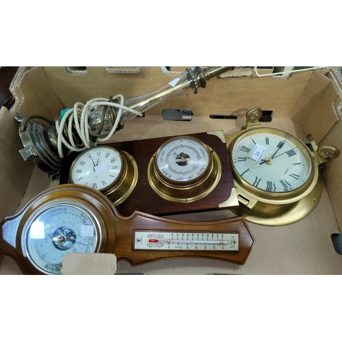 23 - A reproduction ship's clock; a lock and barometer; metalware; bric-a-brac; etc.