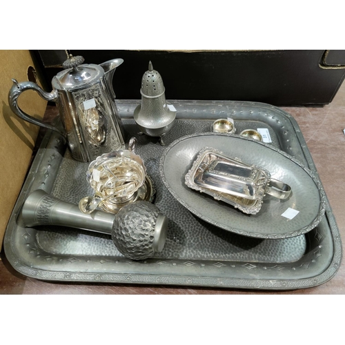 31 - An oval Tudric planished dish, a tray and other pewter; crystal goblets and other glassware etc