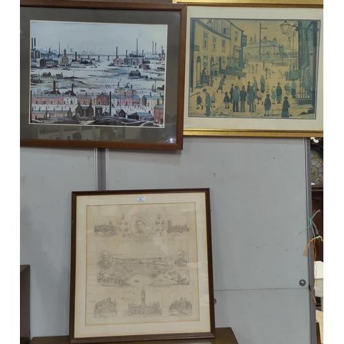 35 - A print of the Queen Victoria Jubilee Exhibition, framed ad glazed; 2 Lowry prints, framed and glaze... 