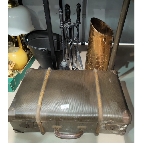 36 - A vintage suitcase; a metal companion set; a coal bucket