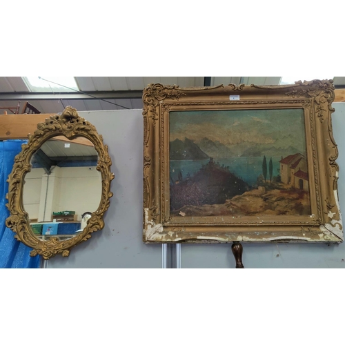 4 - J.J.Parkes, continental scene, oil on canvas signed and framed; a framed map and 3 mirrors