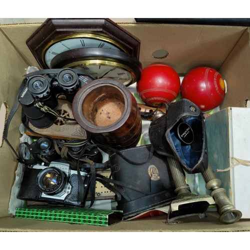 40 - A leather fitted jewellery case; a Pentax SLR camera; 3 pairs of binoculars; bric-a-brac