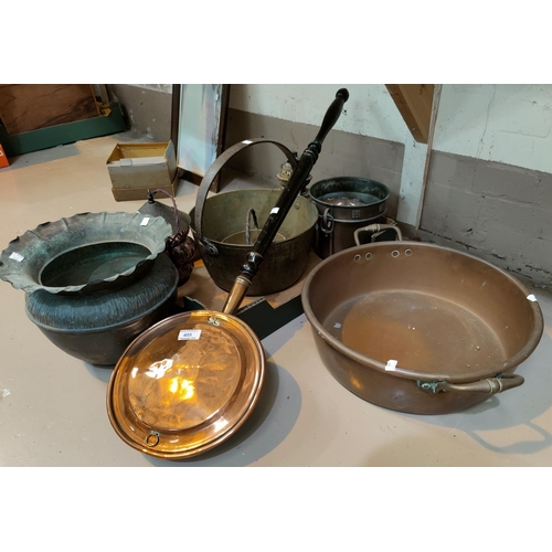 405 - A 19th century copper warming pan; other metalware