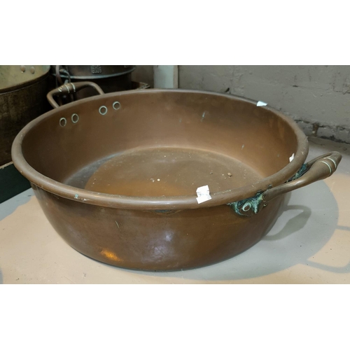 405 - A 19th century copper warming pan; other metalware