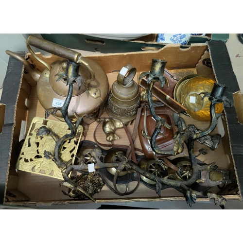 428 - A gilt metal candelabrum, 3 naturalistic branch sconces; a 19th century copper kettle; decorative me... 