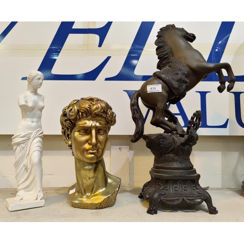 439 - A 19th century spelter Marley horse; a gilt head of David; a classical statue
