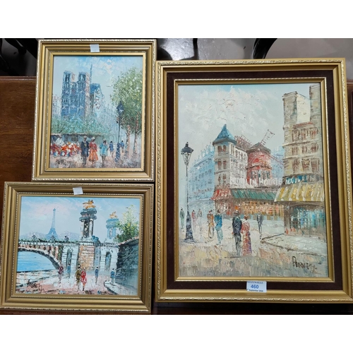 460 - Burnett: Oil on canvas Paris street scene depicting Moulin Rouge, 2 small oils by the same hand