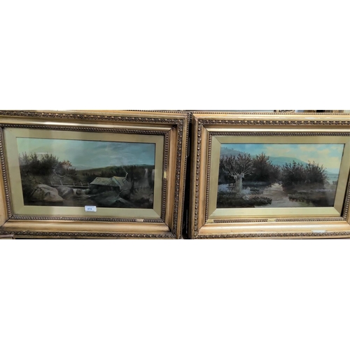 474 - A pair of Victorian oil on canvas depicting man fishing and watermill, signed indistinctly 24 cm x 4... 