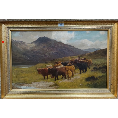 482 - S E Hageley:  figure driving highland cattle, oil on canvas, signed, 65 x 39, in gilt frame (small l... 