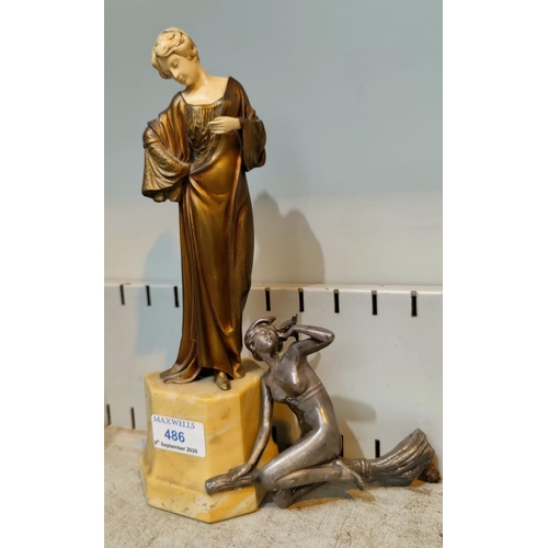 486 - A 1930's gilded bronze and ivory figure of a woman in long classical dress, on fawn marble plinth, h... 