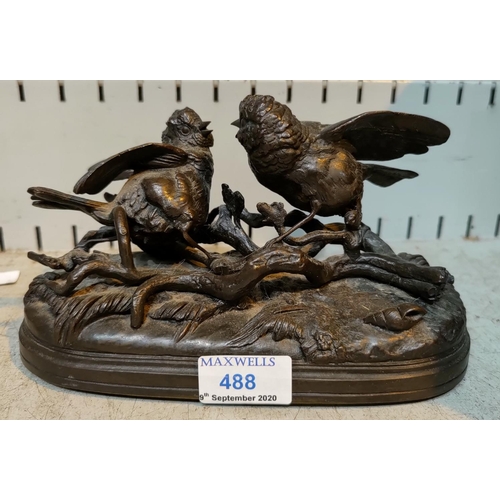 488 - J Moigniez:  a bronze group depicting 2 fighting birds, impressed signature