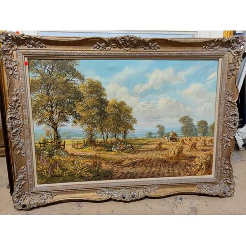 489 - Don Vaughan:  Rural landscape, haymaking with wagon and figures picnicking, oil on canvas, signed, 5... 