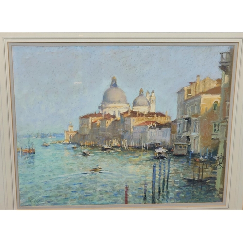 490 - Bob Richardson:  Grand Canal Venice with domed church, pastel, signed, 48 x 61 cm, framed and glazed