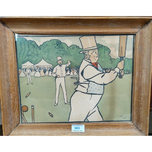 503 - Cecil Aldin: colour lithograph, village cricket game, signed in the print, 25 x 33cm, c1901, framed
