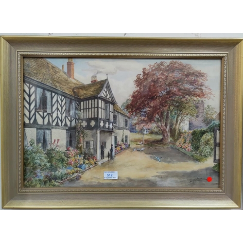 512 - Squire Howard, figure in the door of a half timbered house, watercolour, signed, 39 x 45 cm framed a... 