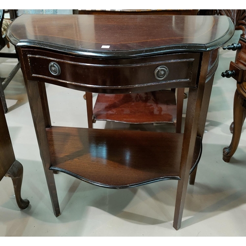 562 - A reproduction demi-lune 2 tier mahagany  hall table, 2 tiers,; an Edwardian nest of 3 crossbanded m... 
