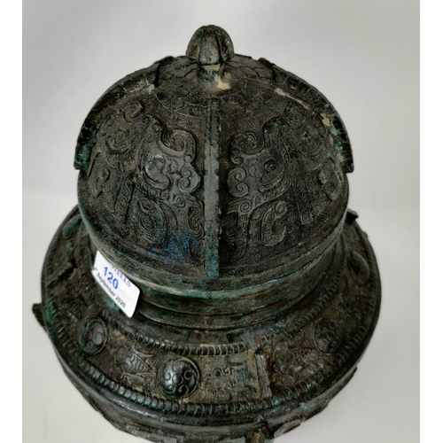 120 - A Chinese bronze lidded vase with extensive geometric decoration, height 30cm