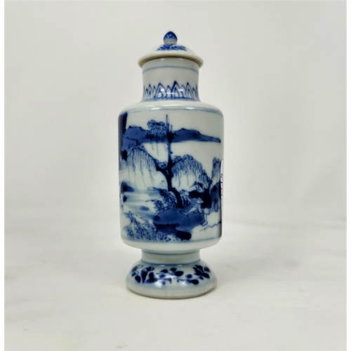 122 - A small Chinese blue and white covered vase decorated with traditional scenes, height 13cm